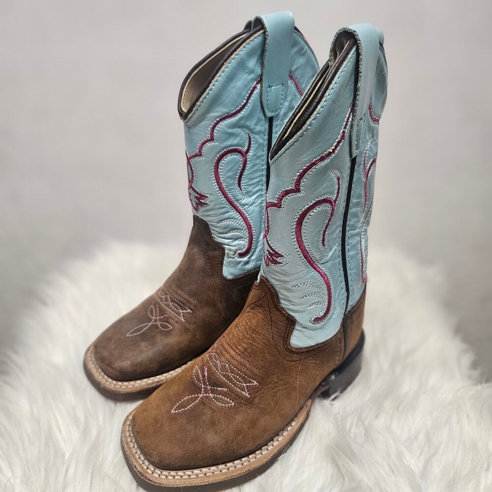 Old West Toddler Girls Cowboy Boots Brown Leather Sky Blue Shaft Square Toe Sz 9